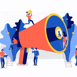 Illustrations flat design concept teamwork small people businessman working together for building success creative idea advertising. Vector illustrate.